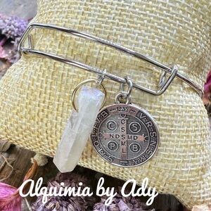 Silver big Saint Benedict medal charm adorned bracelet with big selenite raw